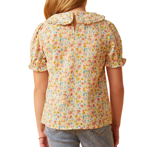 Floral Ruffle Collar Cinched Top