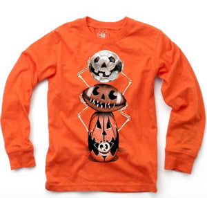 Orange long sleeve shirt with a soccer ball, football, basketball, and softball with faces on them 