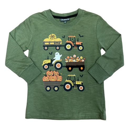 long sleeve green graphic tee with 3 tractors pulling bay hales, candy corn and pumpkins 