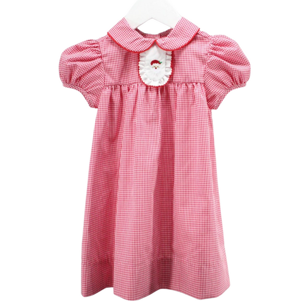 Red gingham girl's Christmas dress with short puff sleeves, Peter Pan collar, and Santa face embroidered on a white ruffle bib.