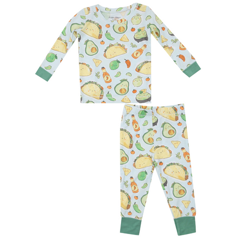 blue and green long sleeve loungewear set with mexican food 