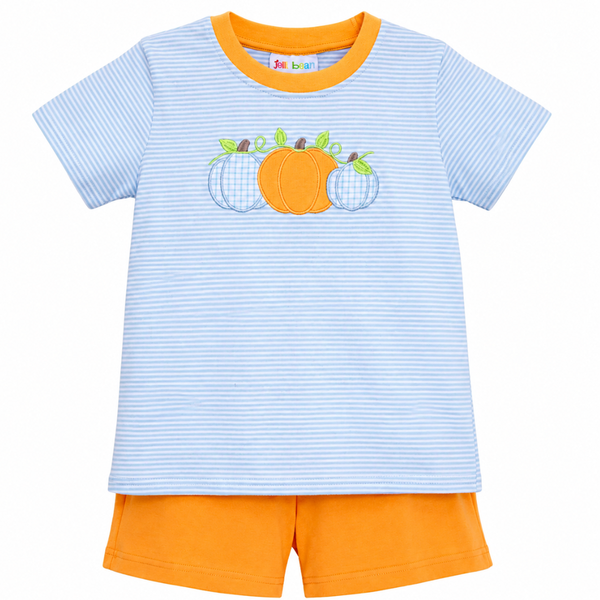 JellyBean boys harvest trio pumpkin appliqué short set with blue stripe tee and orange shorts