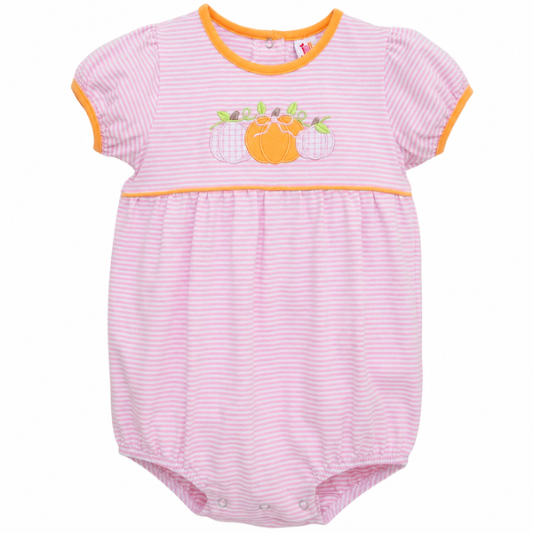 Pink and white striped baby romper with orange trim and a pumpkin applique on the chest, shown on a plain white background.