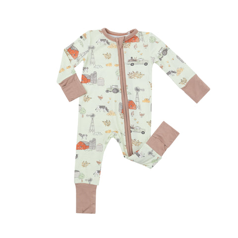 green coverall with farmer print