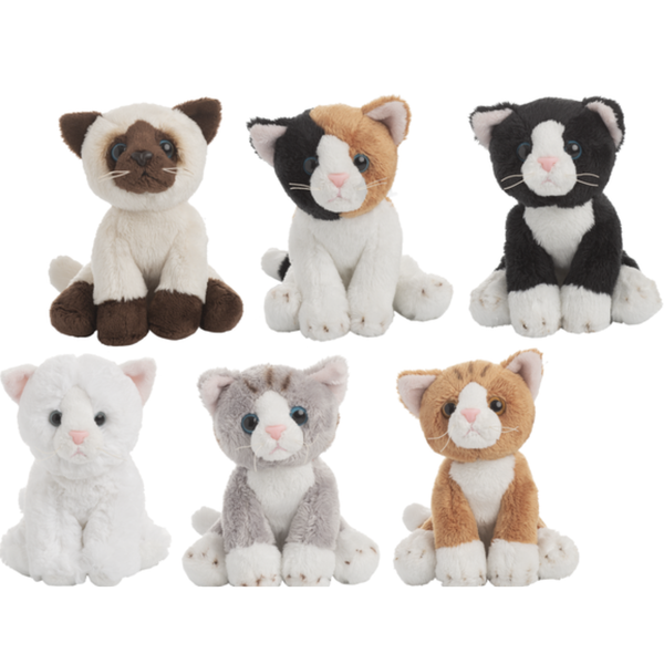 Set of six mini plush kitten stuffed animals in various colors including Siamese, tuxedo, tabby, white, gray, and orange.