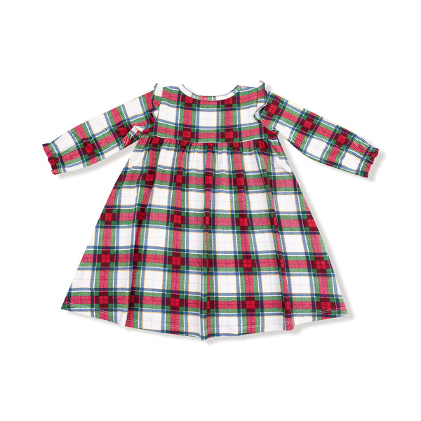 Back view of girls' holiday plaid long sleeve gown with full twirl skirt and soft ruffle accents


