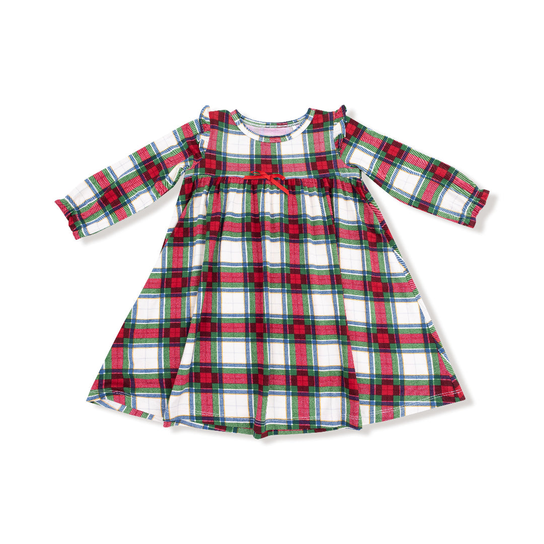 Front view of girls' long sleeve holiday plaid gown with red bow and ruffle trim

