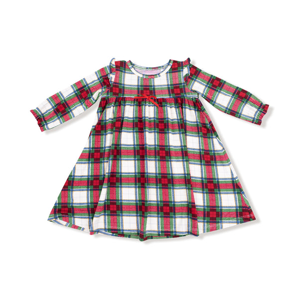 Front view of girls' long sleeve holiday plaid gown with red bow and ruffle trim

