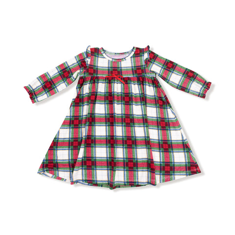 Front view of girls' long sleeve holiday plaid gown with red bow and ruffle trim

