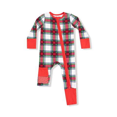 Front and back view of red, green, and white plaid toddler romper with red cuffs, zipper, and polka-dot foot detail

