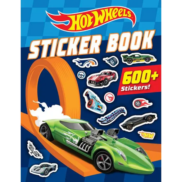 Hot Wheels Sticker Book cover featuring cars, flames, loop track, and a bold "600+ Stickers!" label.