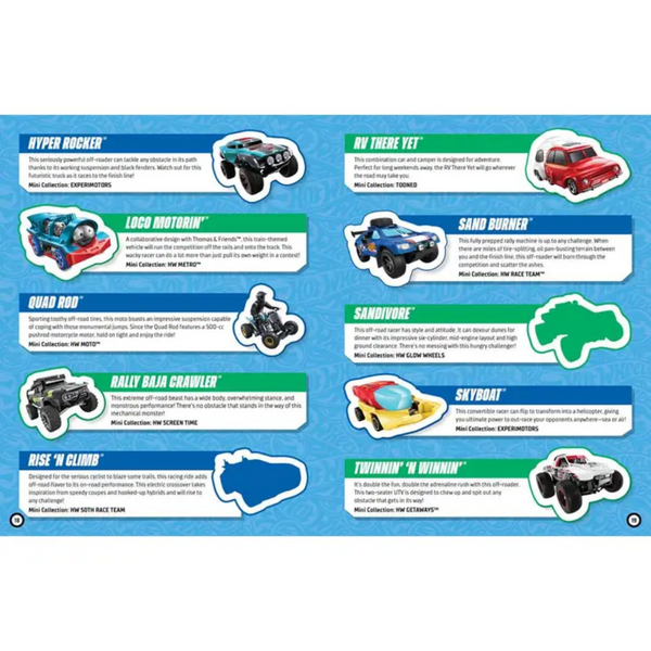 Interior pages of Hot Wheels Sticker Book showing vehicle facts and matching car-shaped stickers.