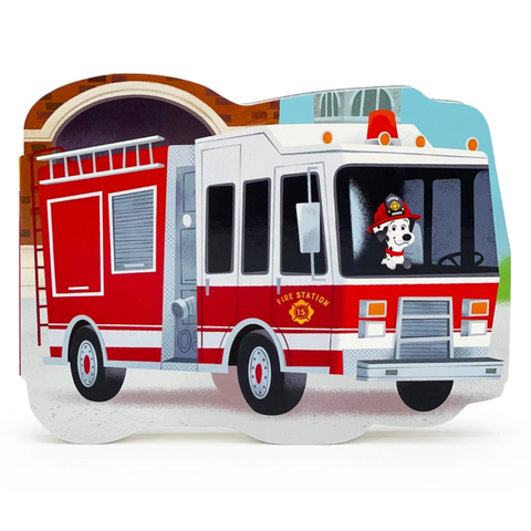 Fire truck–shaped board book featuring a red engine with a firefighter dog in the driver’s seat.