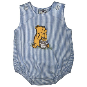 blue and white striped boy bubble with winnie the pooh eating honey applique
