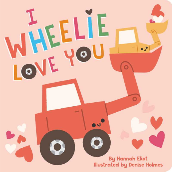 Book cover with a red wheelie bin and red truck, colorful text, and hearts on a pink background.
