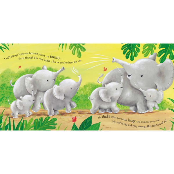 Illustration of elephants with a family on a wooden log against a jungle background
