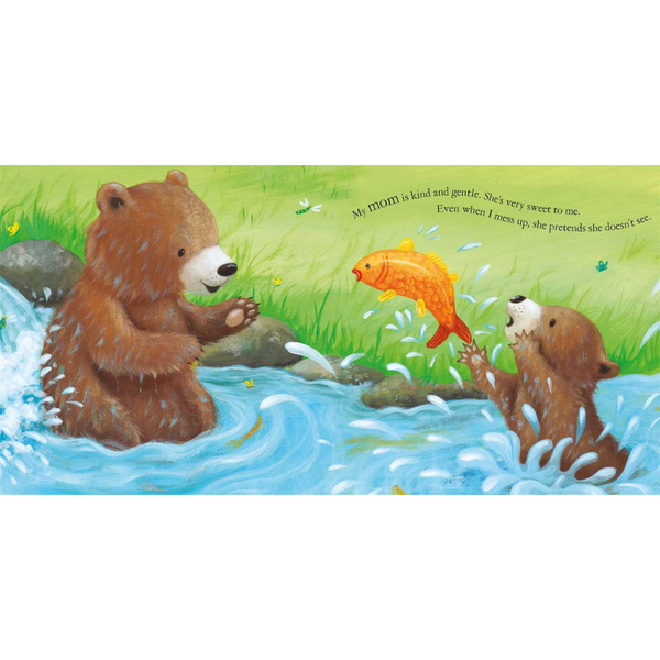 Illustration of two bears interacting with a fish in a stream.