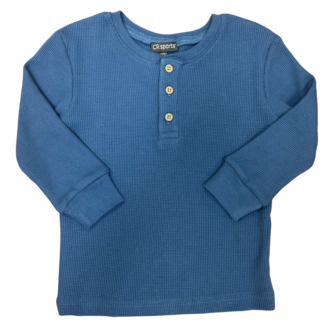 Indigo blue waffle knit henley tee with 3 buttons in the front and cuffed sleeves