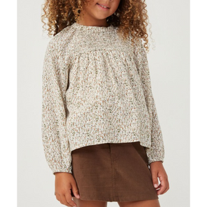 Ivory ditsy print smocked floral top.  Long sleeve with creams and green and a touch of burgundy