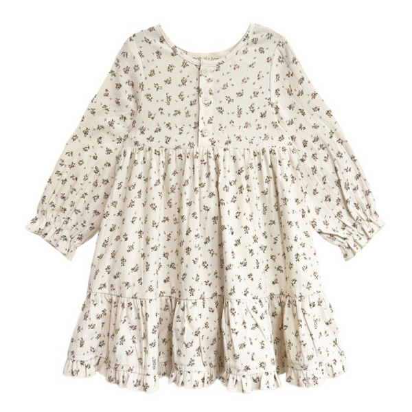 Front view of a long sleeve floral girls’ dress with buttons and gathered waist.