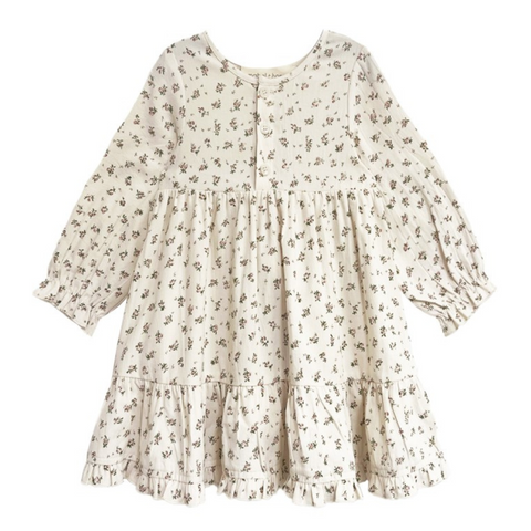 Front view of a long sleeve floral girls’ dress with buttons and gathered waist.