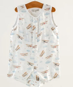 muslin sunsuit featuring vintage planes, snap front placket and snap bottom