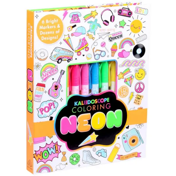 Kaleidoscope Coloring: Neon kit with 6 vibrant neon markers and fun illustrated cover featuring rainbows, llamas, and retro icons.
