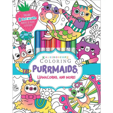 Kaleidoscope Coloring book featuring purrmaids, llamacorns, and more with 8 colorful fruit-scented markers in a fun, whimsical illustrated cover.