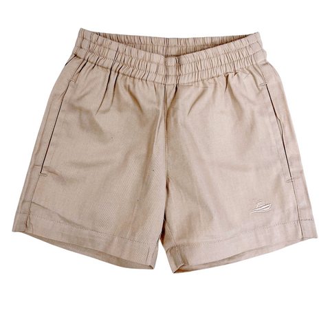 elastic waist pull on boys shorts with front side pockets in a light khaki color