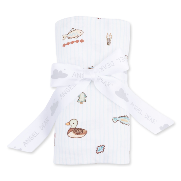 Duck and lake baby swaddle blanket with blue pinstripe pattern, soft lightweight newborn blanket