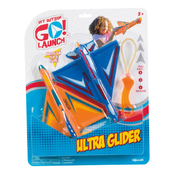 Two colorful foam glider planes with hand launcher in blister pack, designed for kids ages 5+ for flipping and gliding outdoor fun.