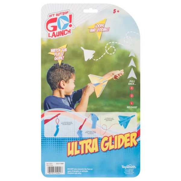 Toy glider packaging with a child holding a glider, featuring the brand 'Go! Launch' on a white background.
