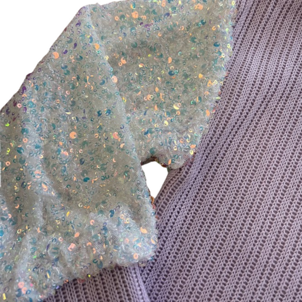 Lavender Chunky Knit Sweater with Sequin Puff Sleeves