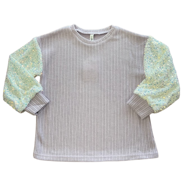 Tween lavender long-sleeved sweater with sky blue sequin sleeves
