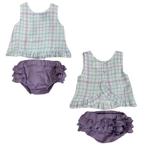 Lilac and Mint plaid sleeveless ruflled top with a matching solid lilac knit ruffled bloomer