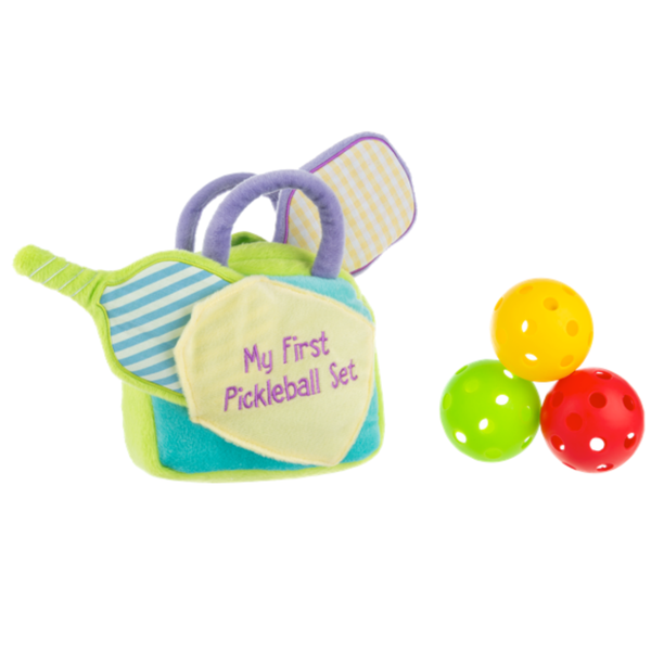My First Pickleball Set with colorful soft carrying bag, two plush paddles, and yellow, green, and red perforated pickleballs.