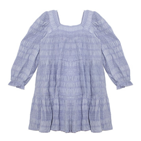 Front view of a blue girls' dress with textured smocking, square neckline, and gathered sleeves.