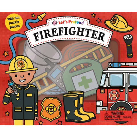 Cover of “Let’s Pretend: Firefighter” featuring a cartoon firefighter, fire truck, gear pieces, and puzzle components on a red background.