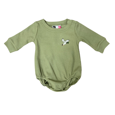 Long sleeve army green waffle knit onesie featuring a flying mallard duck on the left chest and bottom snaps