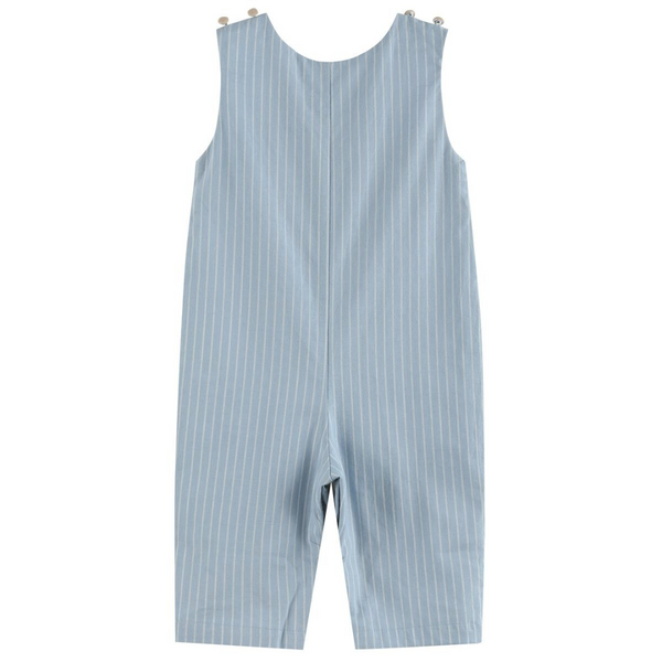 Back view of light blue pinstriped baby overalls with a clean, simple design and no embroidery or buttons.