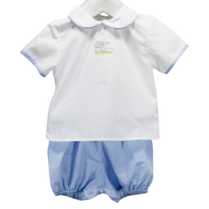 two piece diaper set, blue micro gingham bloomers with a button back top with collar trimmed in gingham and a small train embroider on the front center