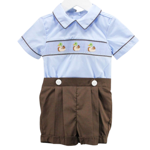 Baby boy's blue top and brown pleated shorts with duck smocking across the chest

