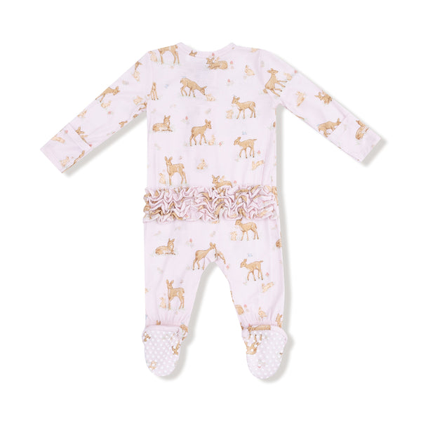 Back view of fawn-print footie pajamas with ruffle bottom and non-slip feet

