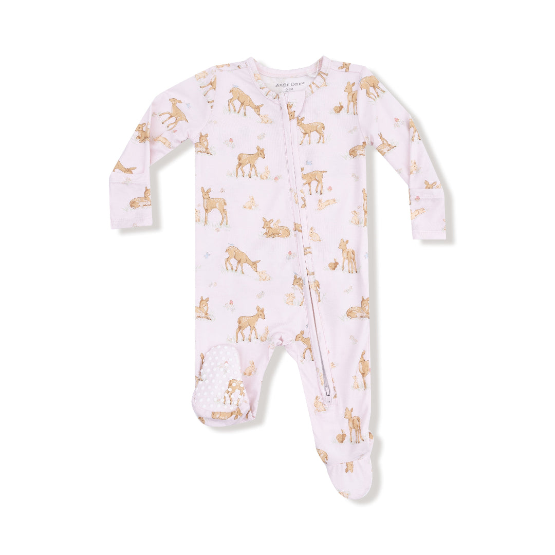 Front view of pink footie pajamas with fawn and bunny print and 2-way zipper

