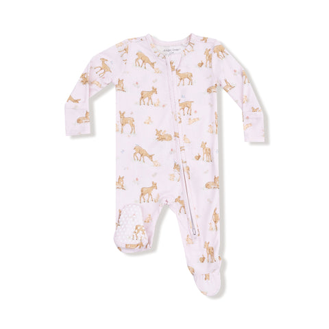 Front view of pink footie pajamas with fawn and bunny print and 2-way zipper

