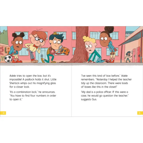 Two images of the book "Little Sherlock: The Secret of the Treasure Chest" are shown. The first image is the cover, featuring Little Sherlock and a friend carrying a treasure chest. The second image shows an inner page with an illustration of Little Sherlock and his friends in a schoolyard, trying to open a locked treasure chest.

