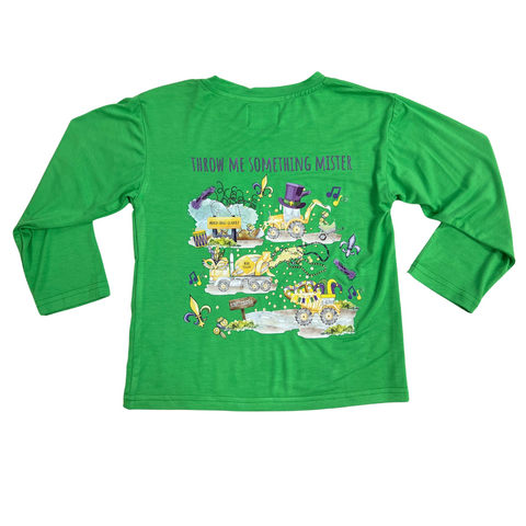 bright green long sleeve tee with a graphic screen print on the back of all things mardi gras that says throw me something mister.