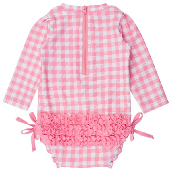 back of pink gingham one piece long sleeve rash guard