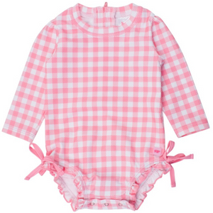 pink gingham one piece long sleeve rash guard 