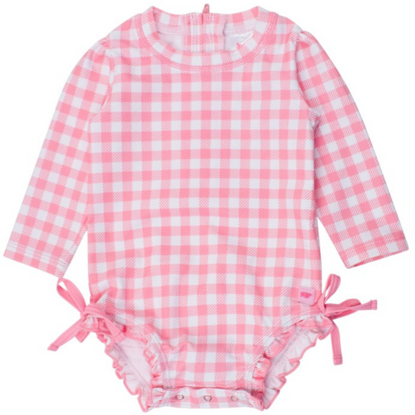 pink gingham one piece long sleeve rash guard 